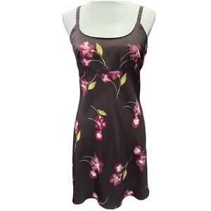 Vintage Y2K Floral Slip Dress Brown Pink Satin Tie Back Mini Dress